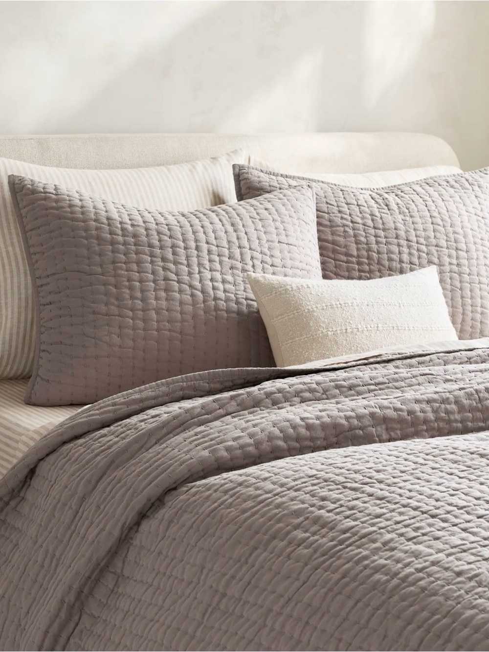 Quince Twin Linen / Cotton Stitch Quilt Set in Stone